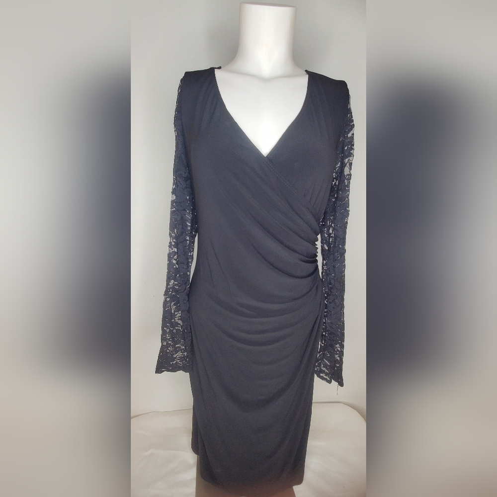 Tiana B. Size M Dress In Black Wrap Silhouette And Lace Sleeves
